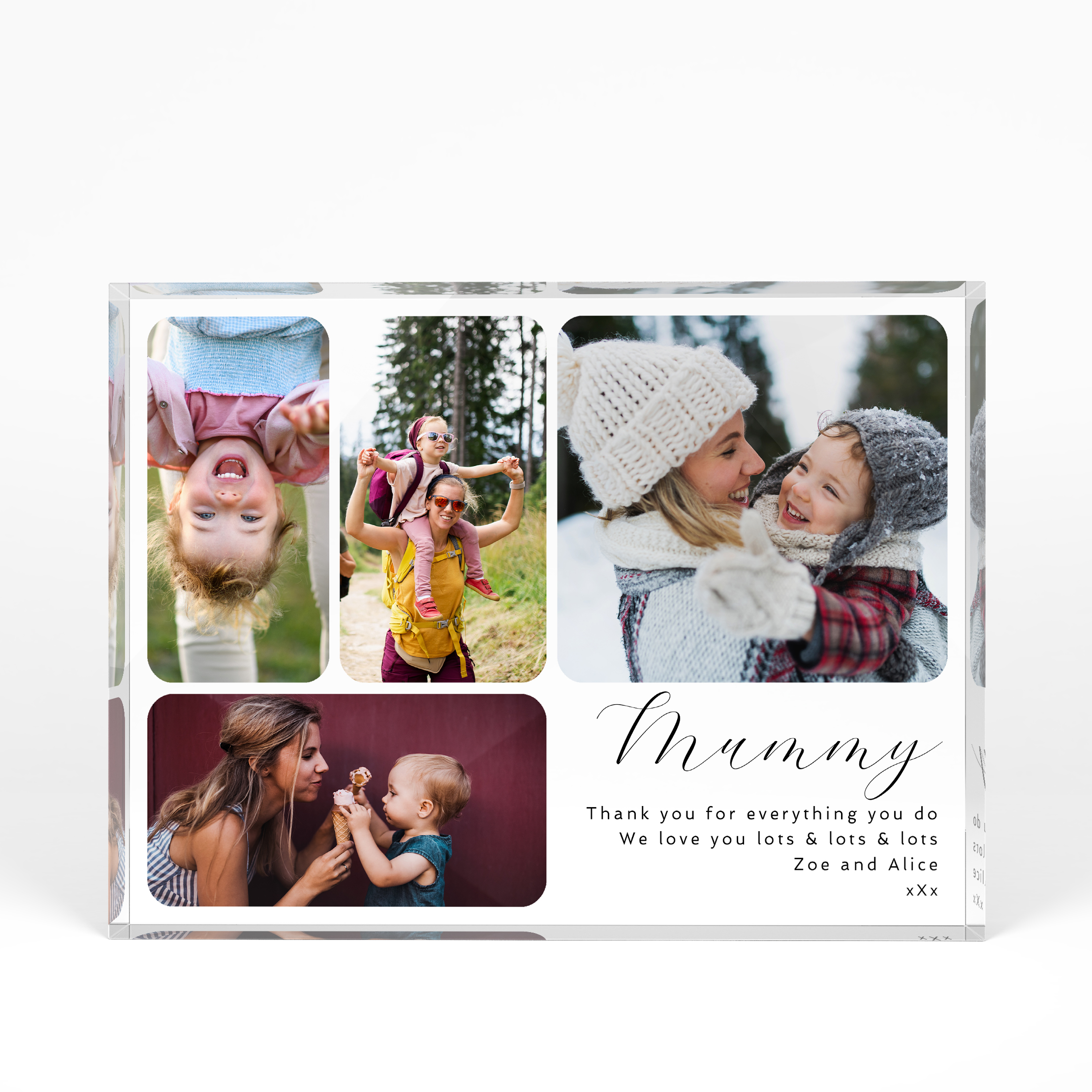 A front side view of a landscape layout Acrylic Photo Block with space for 4 photos. Thiis design is named "Mother's Day Medley". 