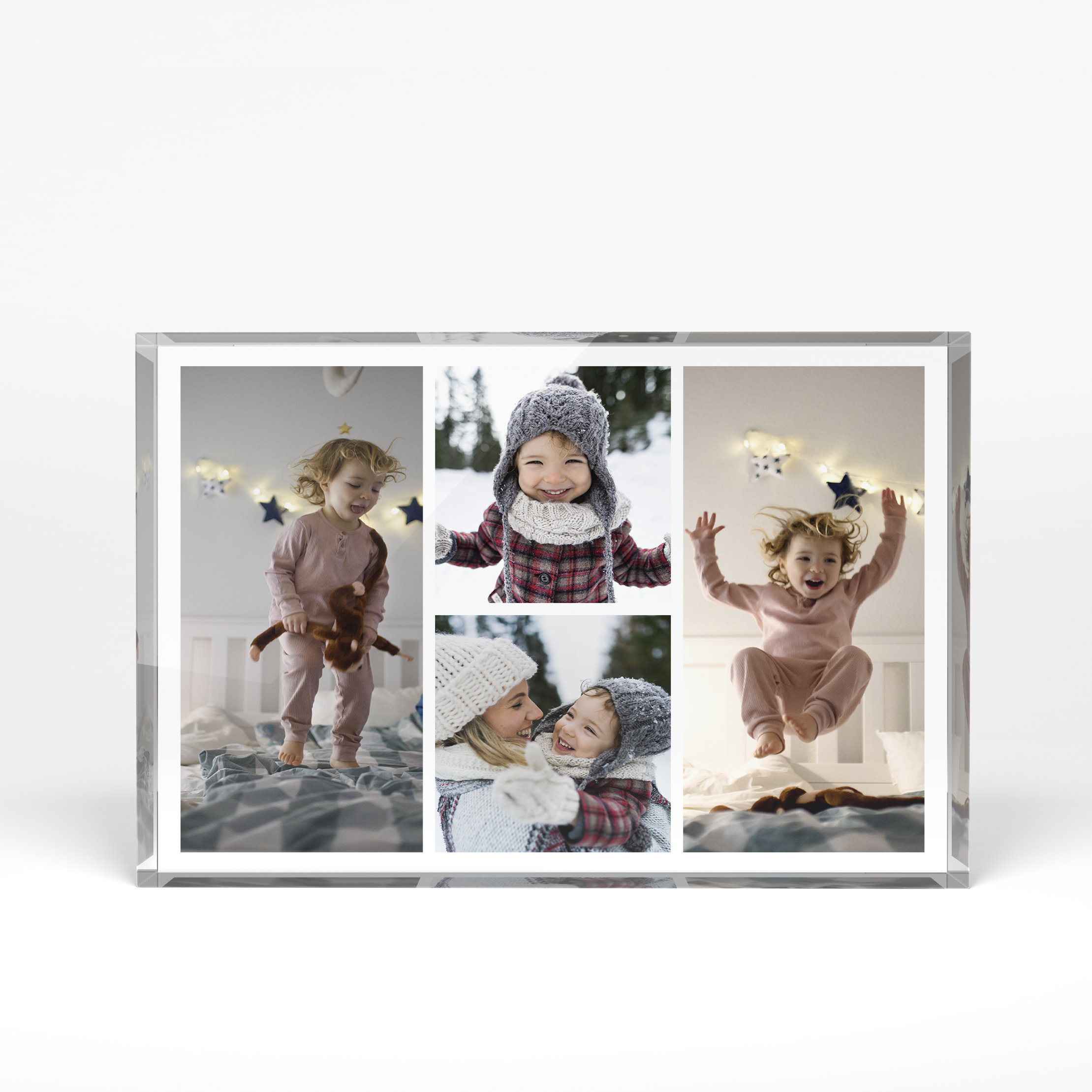 A front side view of a landscape layout Acrylic Photo Block with space for 4 photos. Thiis design is named "Quartet Collage". 