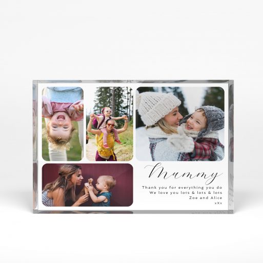 A front side view of a landscape layout Acrylic Photo Gift with space for 4 photos. Thiis design is named "Mother's Day Medley". 