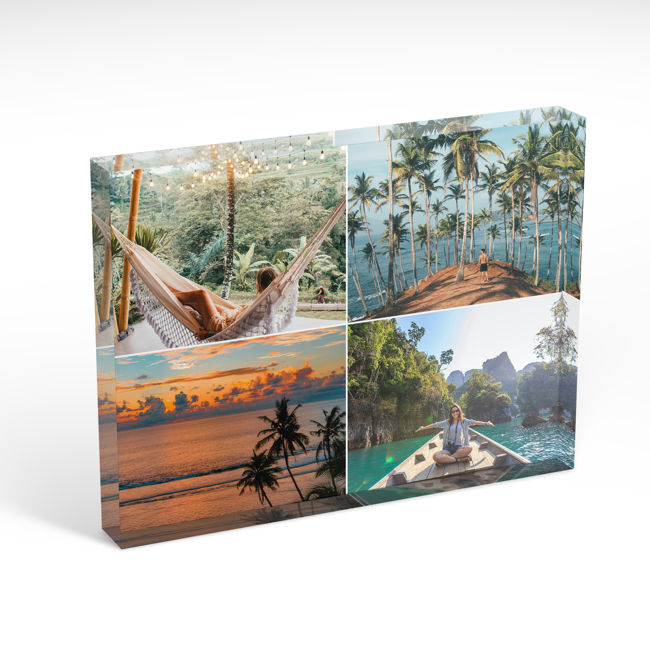 A front side view of a landscape layout Acrylic Photo Block with space for 4 photos. Thiis design is named 'Simple Quartet'. 