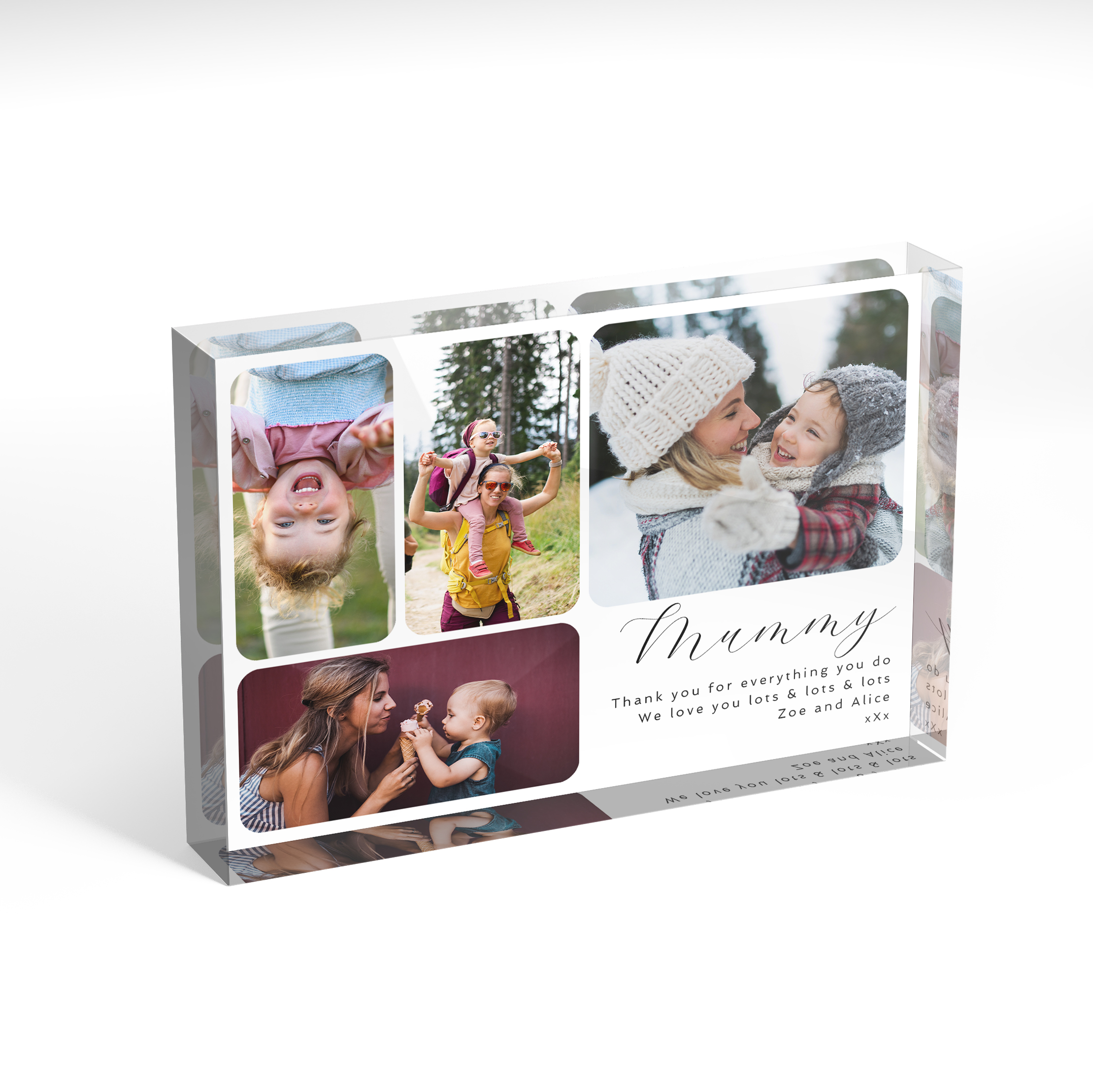 A front side view of a landscape layout Acrylic Photo Gift with space for 4 photos. Thiis design is named 'Mother's Day Medley'. 