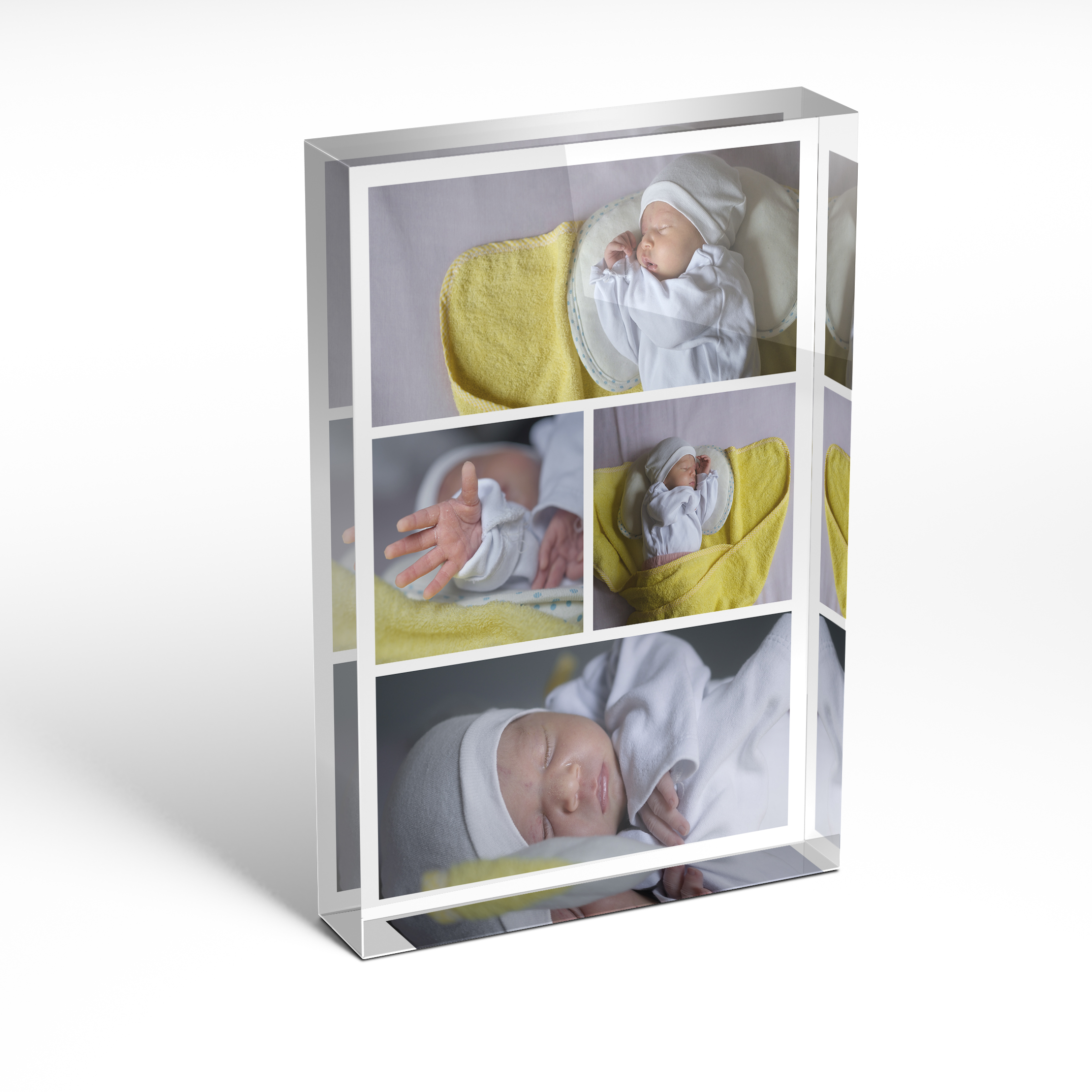 A front side view of a portrait layout Online acrylic photo blocks with space for 4 photos. Thiis design is named 'Blossoming Memories'. 
