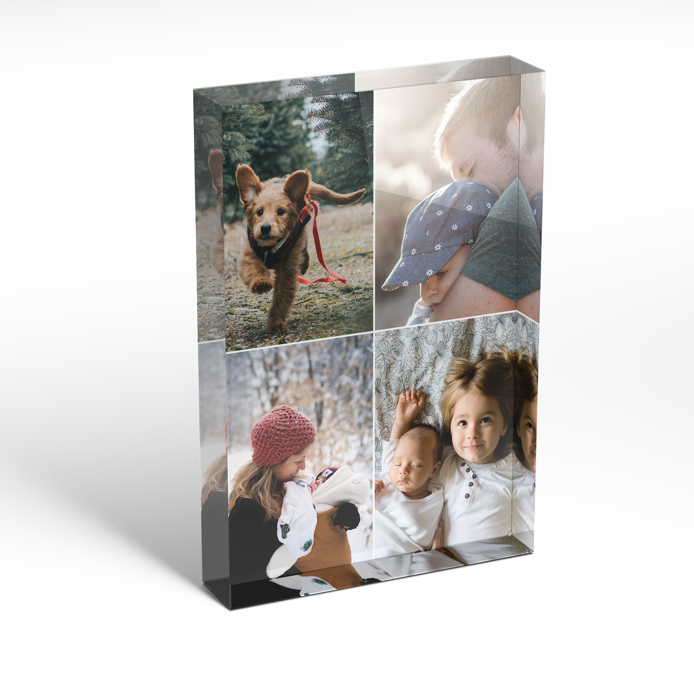 A front side view of a portrait layout Acrylic Photo Block with space for 4 photos. Thiis design is named 'Quad'. 