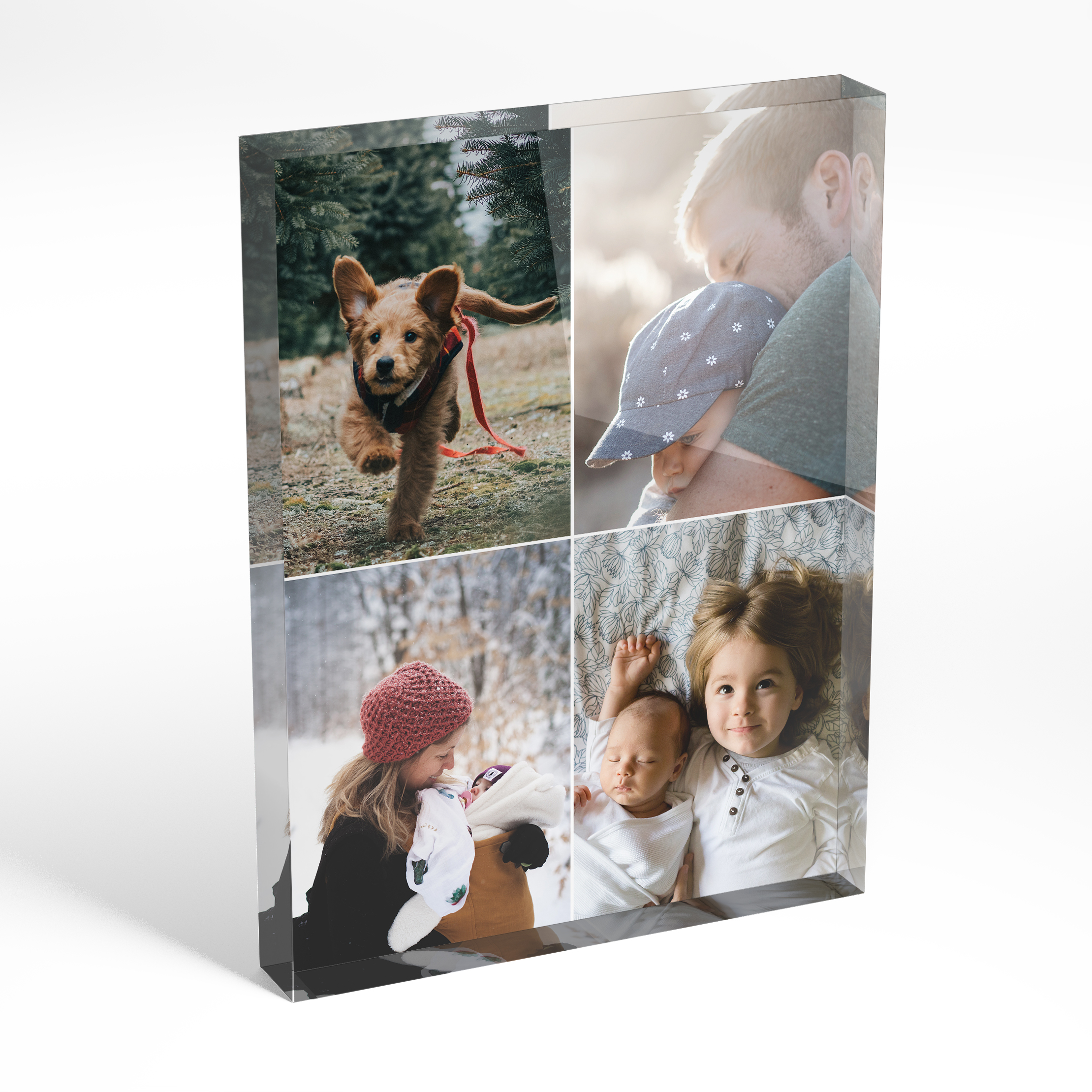An angled side view of a portrait layout Acrylic Glass Photo Block with space for 4 photos. Thiis design is named "Quad". 