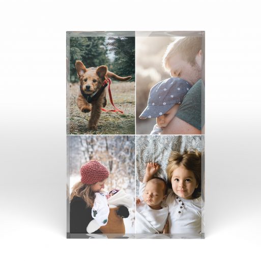 A front side view of a portrait layout Acrylic Photo Block with space for 4 photos. Thiis design is named "Quad". 