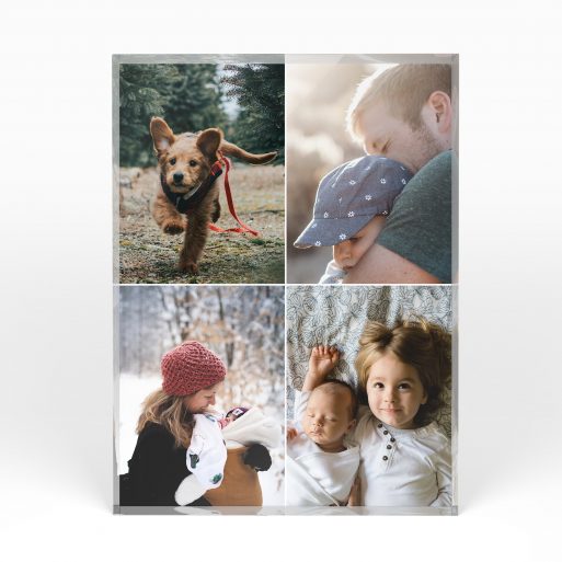 A front side view of a portrait layout Acrylic Photo Block with space for 4 photos. Thiis design is named "Quad". 