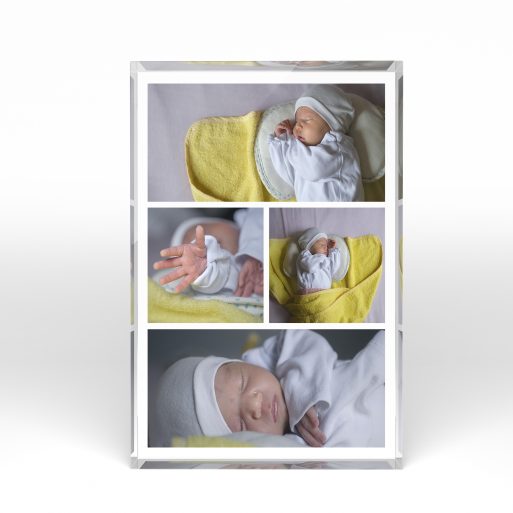 A front side view of a portrait layout Online acrylic photo blocks with space for 4 photos. Thiis design is named "Blossoming Memories". 
