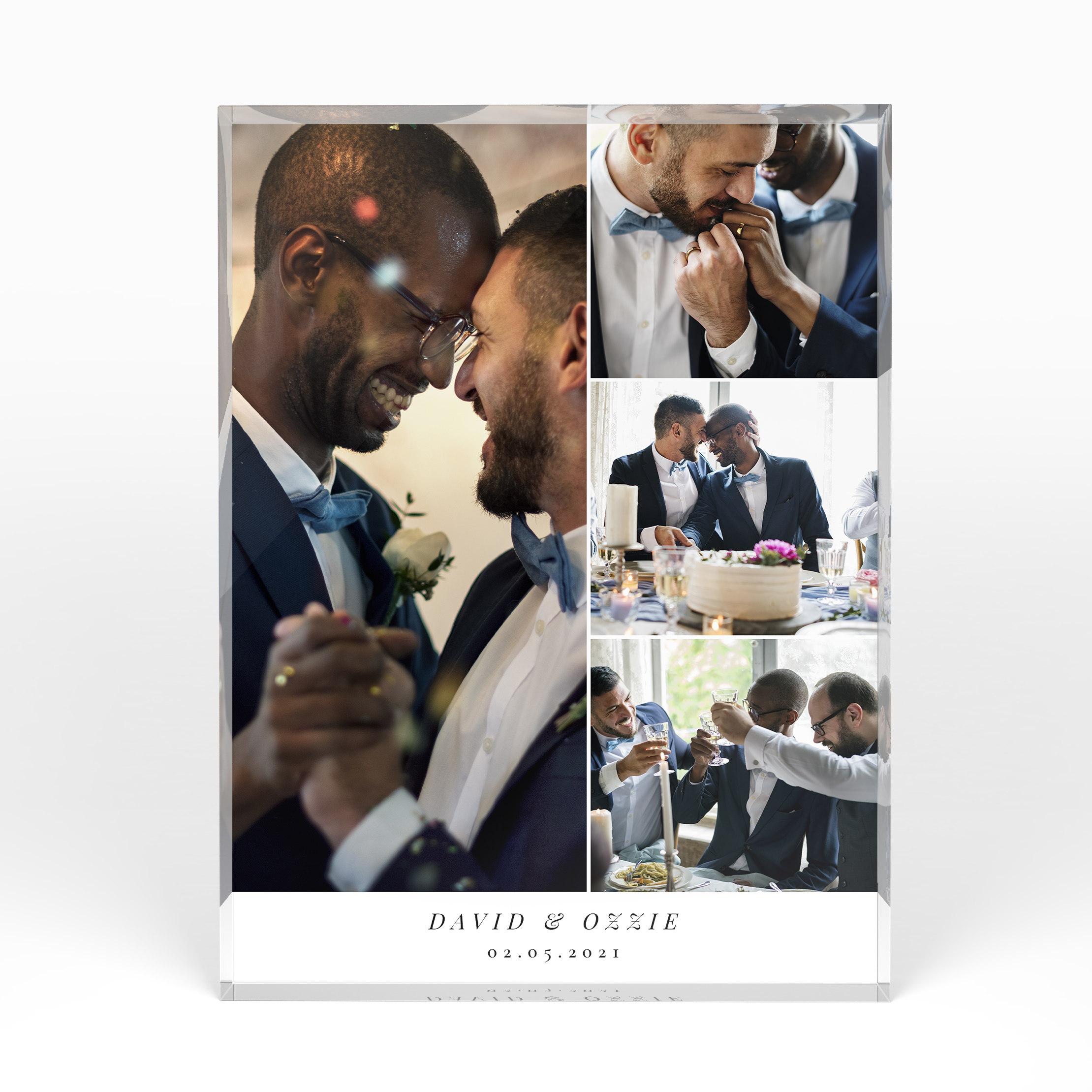 A front side view of a portrait layout Perspex Photo Blocks with space for 4 photos. Thiis design is named "Wedded Quartet". 