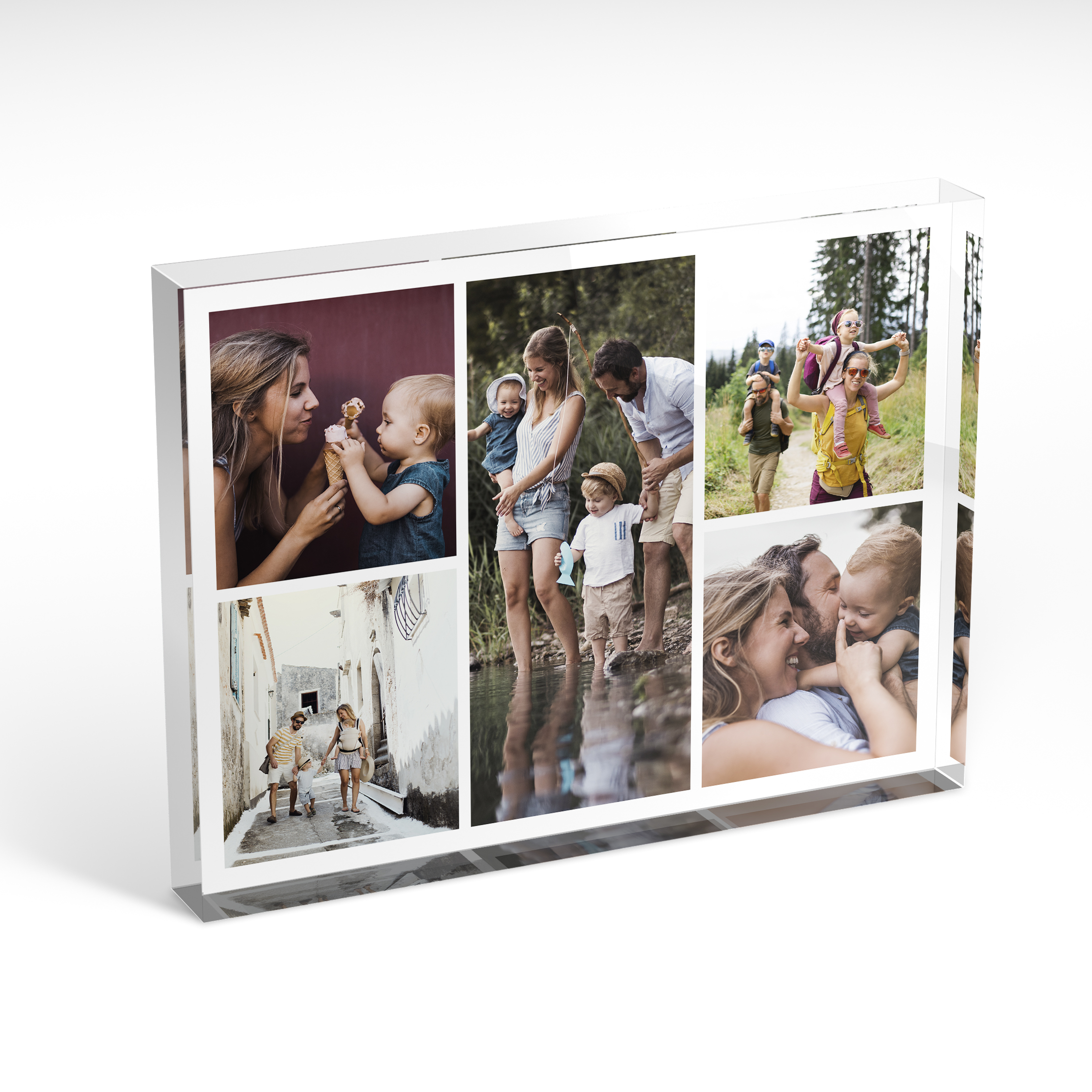 An angled side view of a landscape layout Acrylic Glass Photo Block with space for 5 photos. Thiis design is named "Fivefold Memories". 