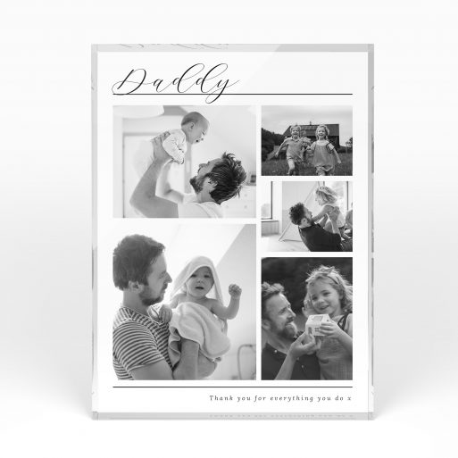 A front side view of a portrait layout Acrylic Glass Photo Block with space for 5 photos. Thiis design is named "Father's Quintet". 
