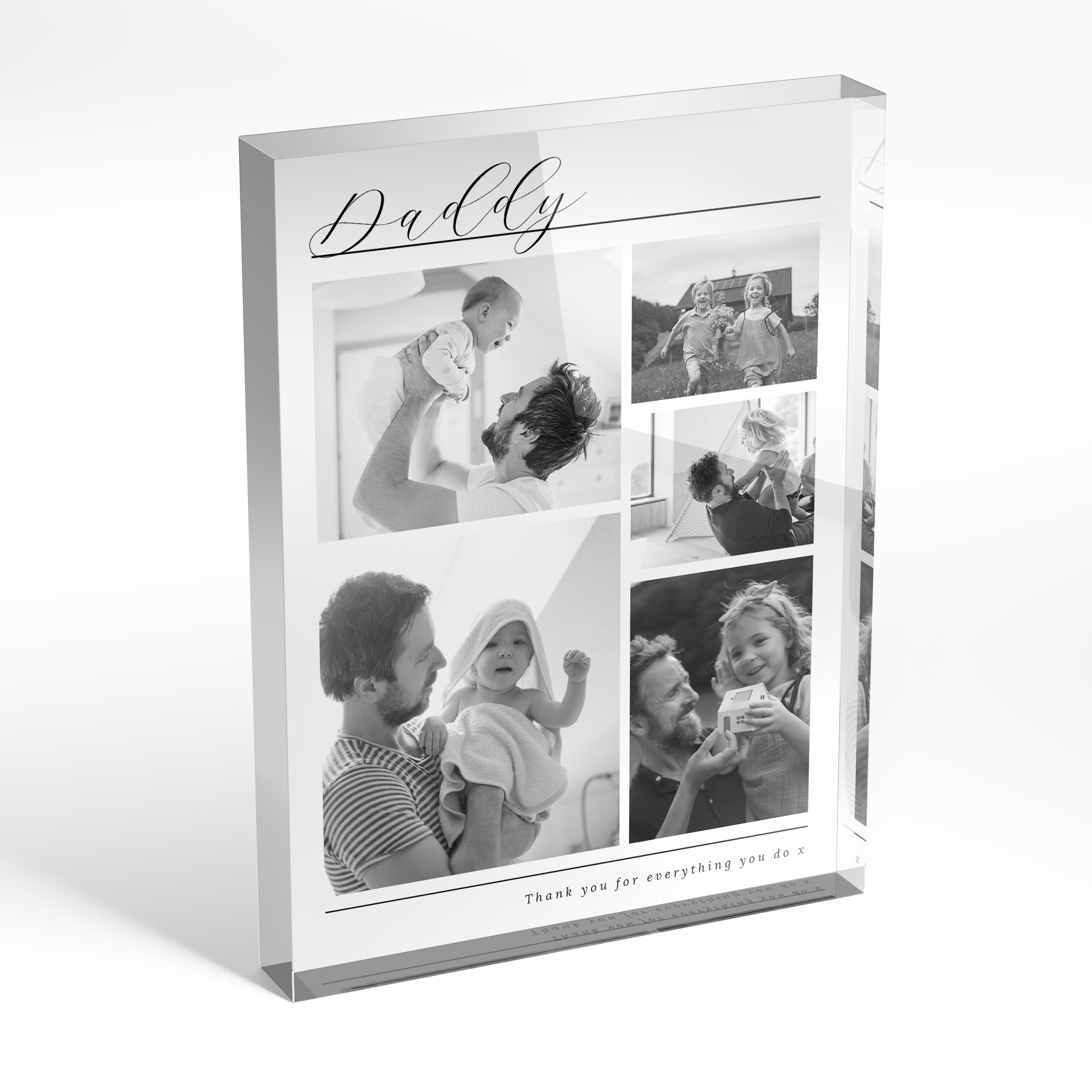 A front side view of a portrait layout Acrylic Glass Photo Block with space for 5 photos. Thiis design is named 'Father's Quintet'. 