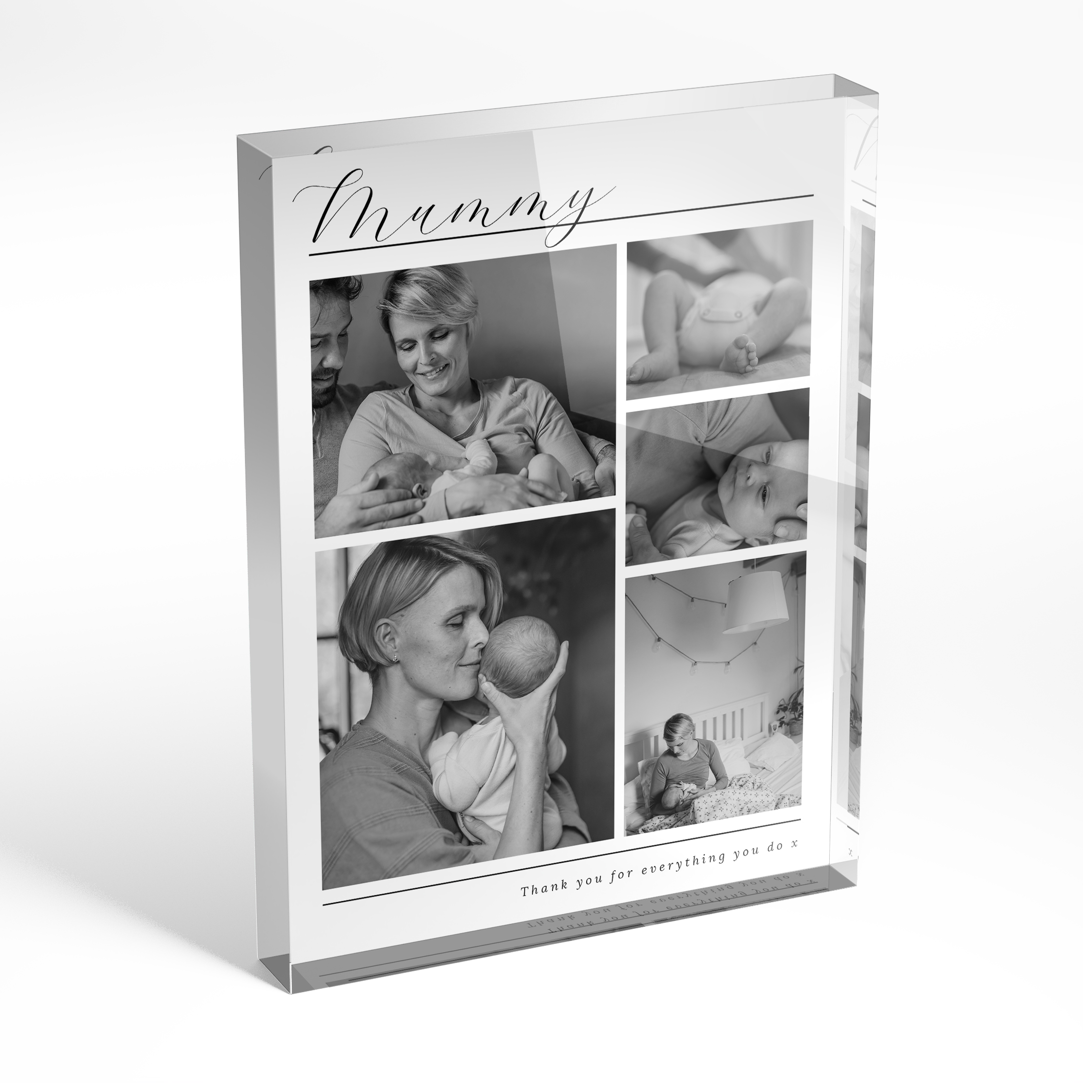 A front side view of a portrait layout Perspex Photo Blocks with space for 5 photos. Thiis design is named 'Mother's Quintessence'. 