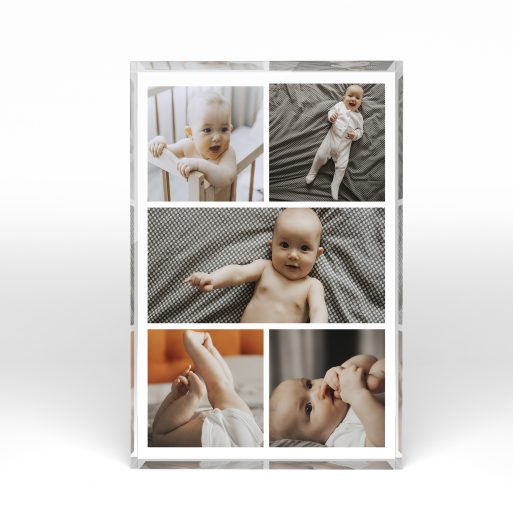 A front side view of a portrait layout Acrylic Photo Block with space for 5 photos. Thiis design is named "Childhood Kaleidoscope". 