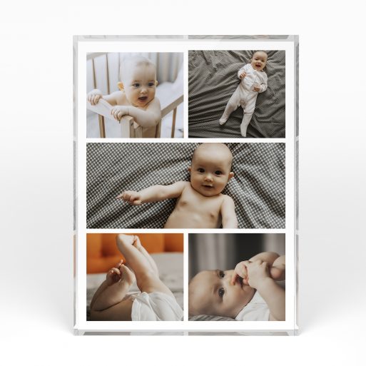 A front side view of a portrait layout Acrylic Photo Block with space for 5 photos. Thiis design is named "Childhood Kaleidoscope". 