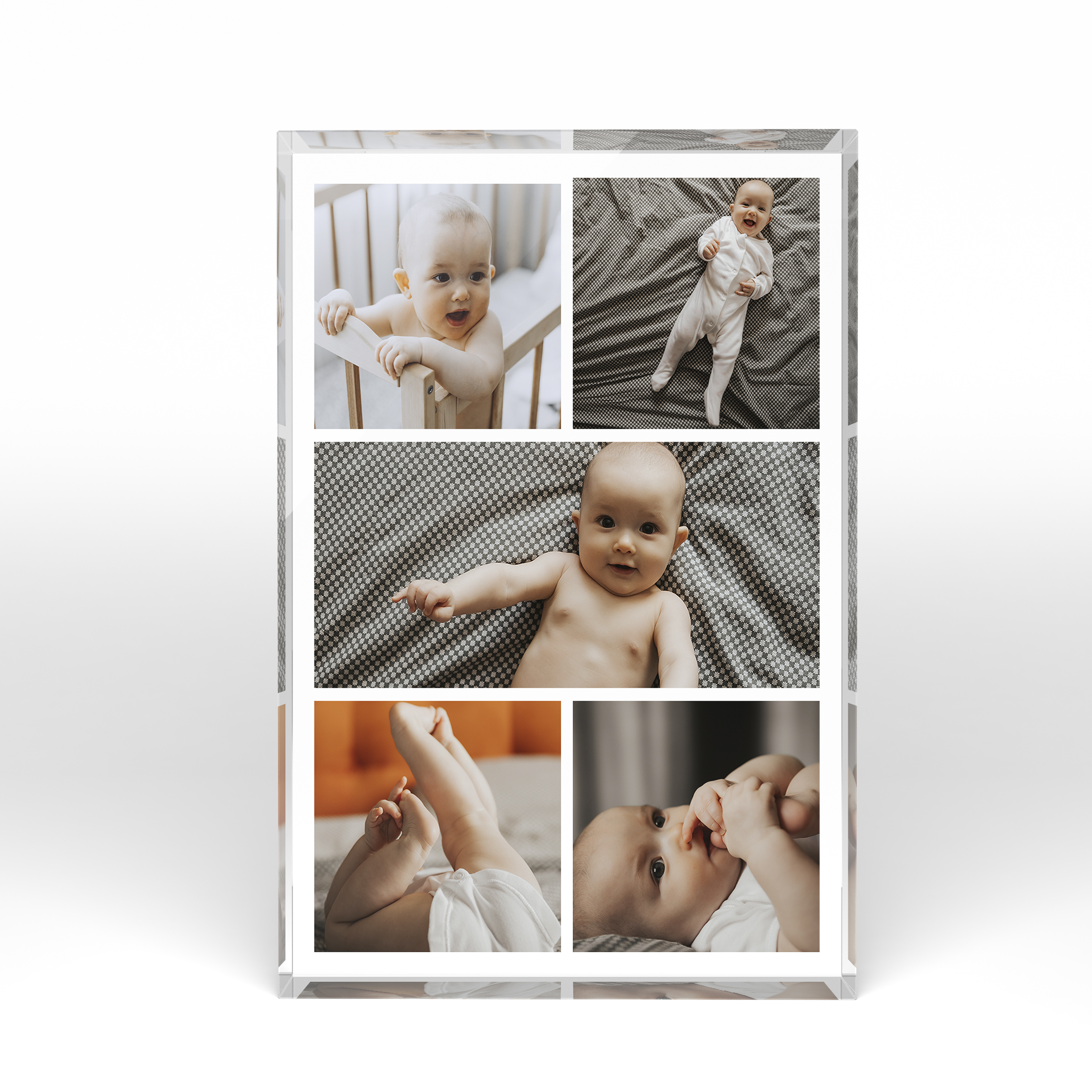 A front side view of a portrait layout Acrylic Photo Block with space for 5 photos. Thiis design is named "Childhood Kaleidoscope". 