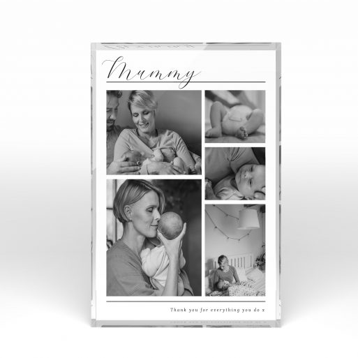 A front side view of a portrait layout Acrylic Photo Block with space for 5 photos. Thiis design is named "Mother's Quintessence". 