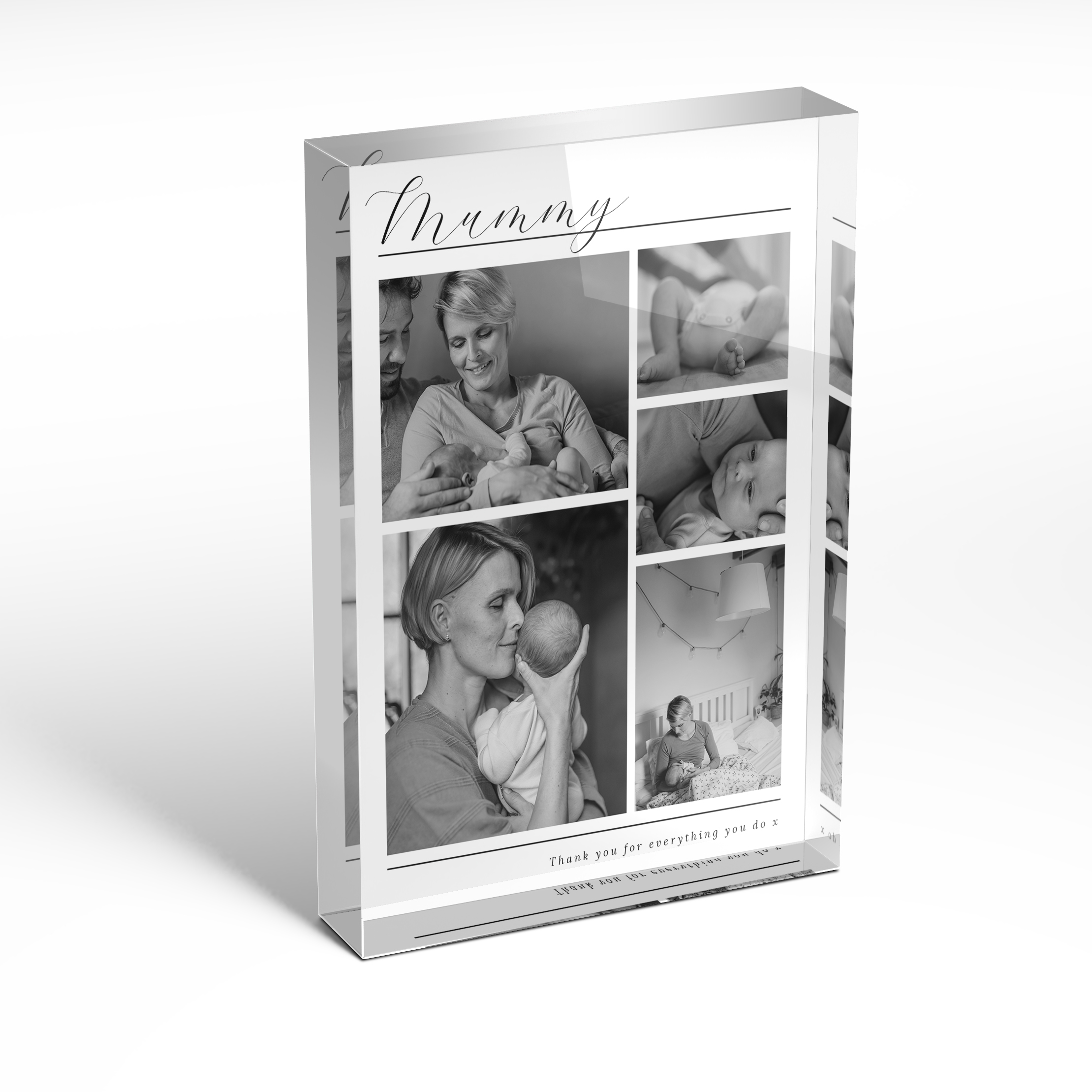 A front side view of a portrait layout Acrylic Photo Block with space for 5 photos. Thiis design is named 'Mother's Quintessence'. 