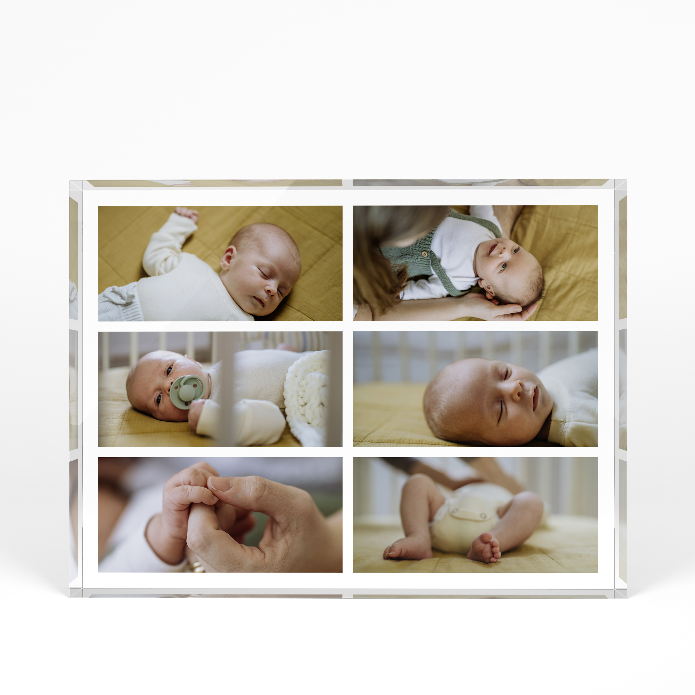 A front side view of a landscape layout Acrylic Glass Photo Block with space for 6 photos. Thiis design is named "Children's Mosaic". 