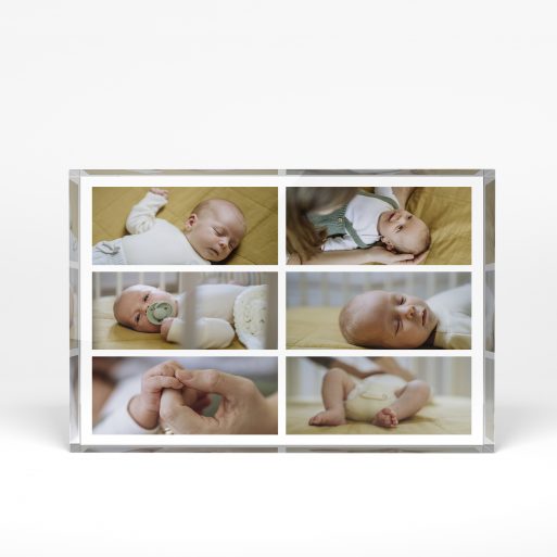 A front side view of a landscape layout Acrylic Photo Block with space for 6 photos. Thiis design is named "Children's Mosaic". 