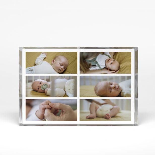 A front side view of a landscape layout Acrylic Photo Block with space for 6 photos. Thiis design is named "Children's Mosaic". 