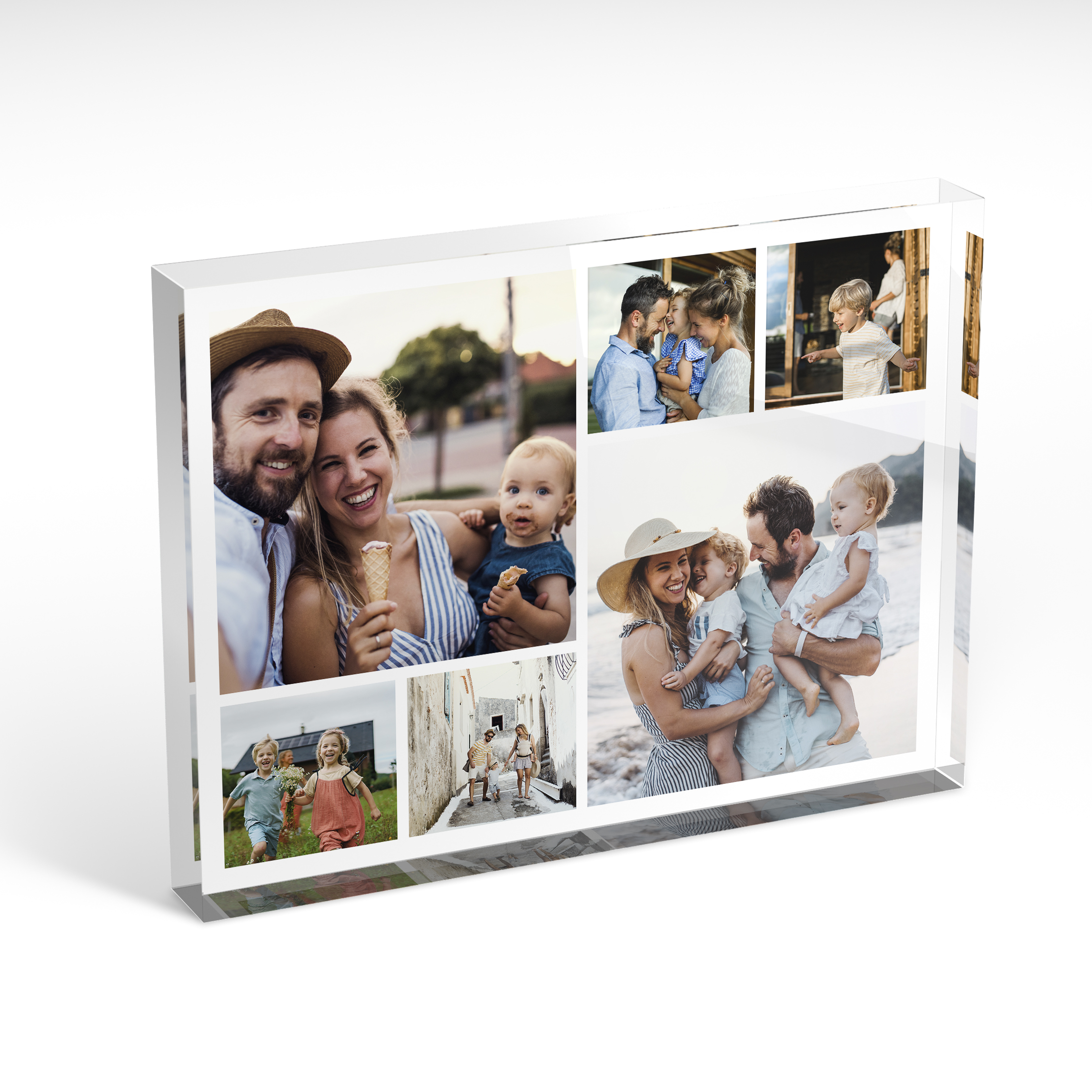A front side view of a landscape layout Online acrylic photo blocks with space for 6 photos. Thiis design is named 'Valentine's Mosaic'. 