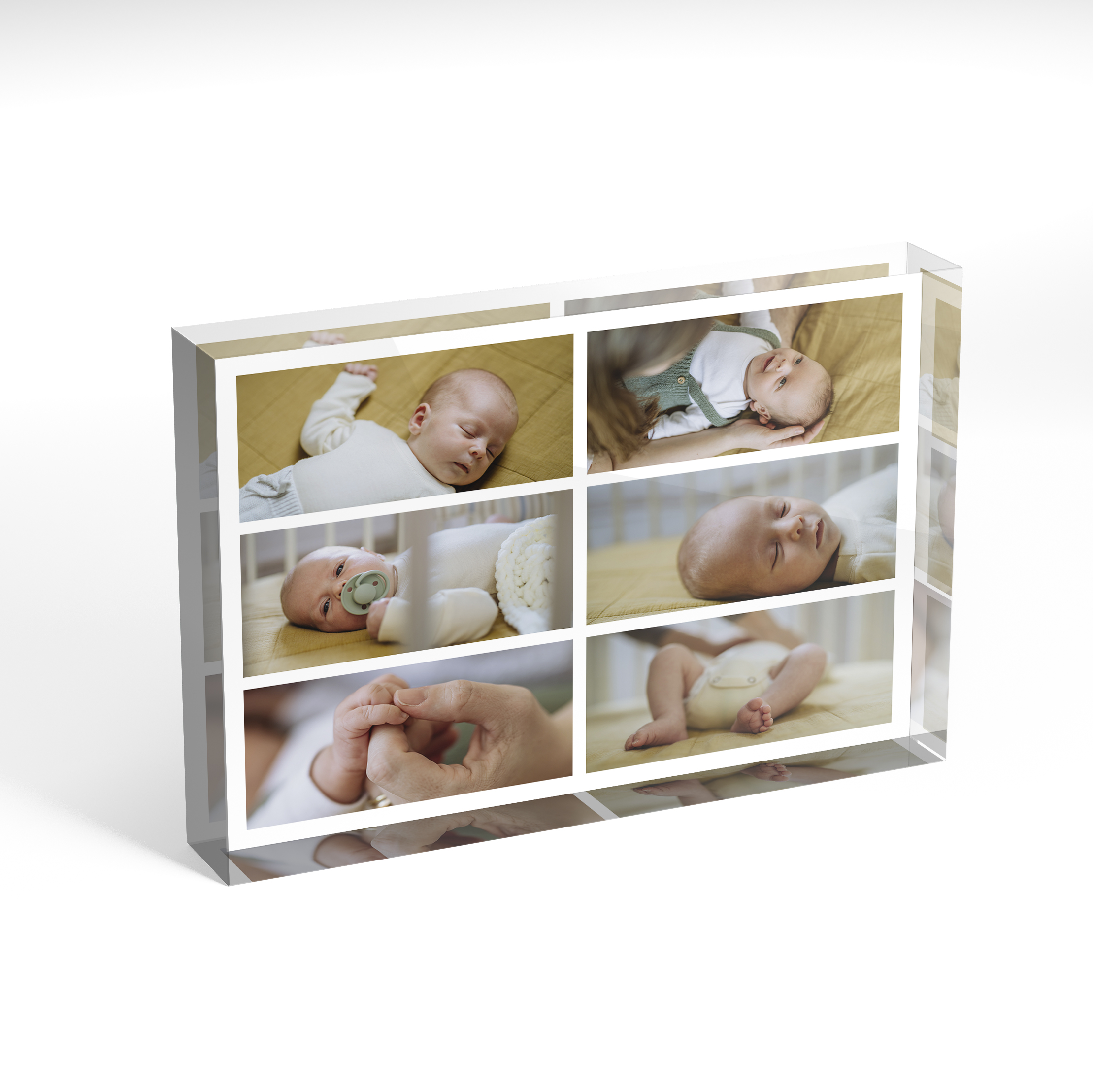 A front side view of a landscape layout Acrylic Photo Block with space for 6 photos. Thiis design is named 'Children's Mosaic'. 