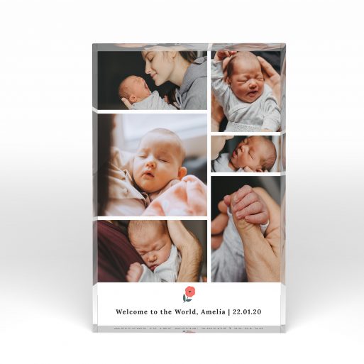 A front side view of a portrait layout Acrylic Glass Photo Block with space for 6 photos. Thiis design is named "Childhood Quilt". 