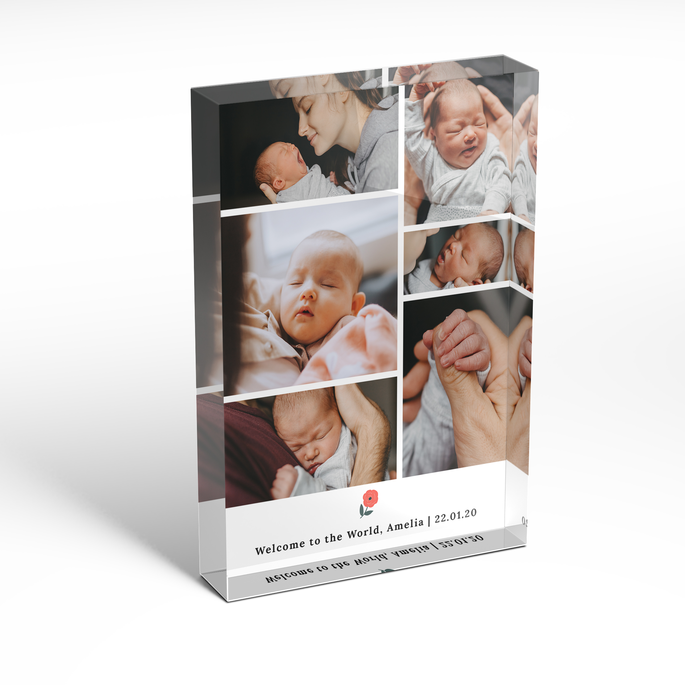 A front side view of a portrait layout Acrylic Glass Photo Block with space for 6 photos. Thiis design is named 'Childhood Quilt'. 