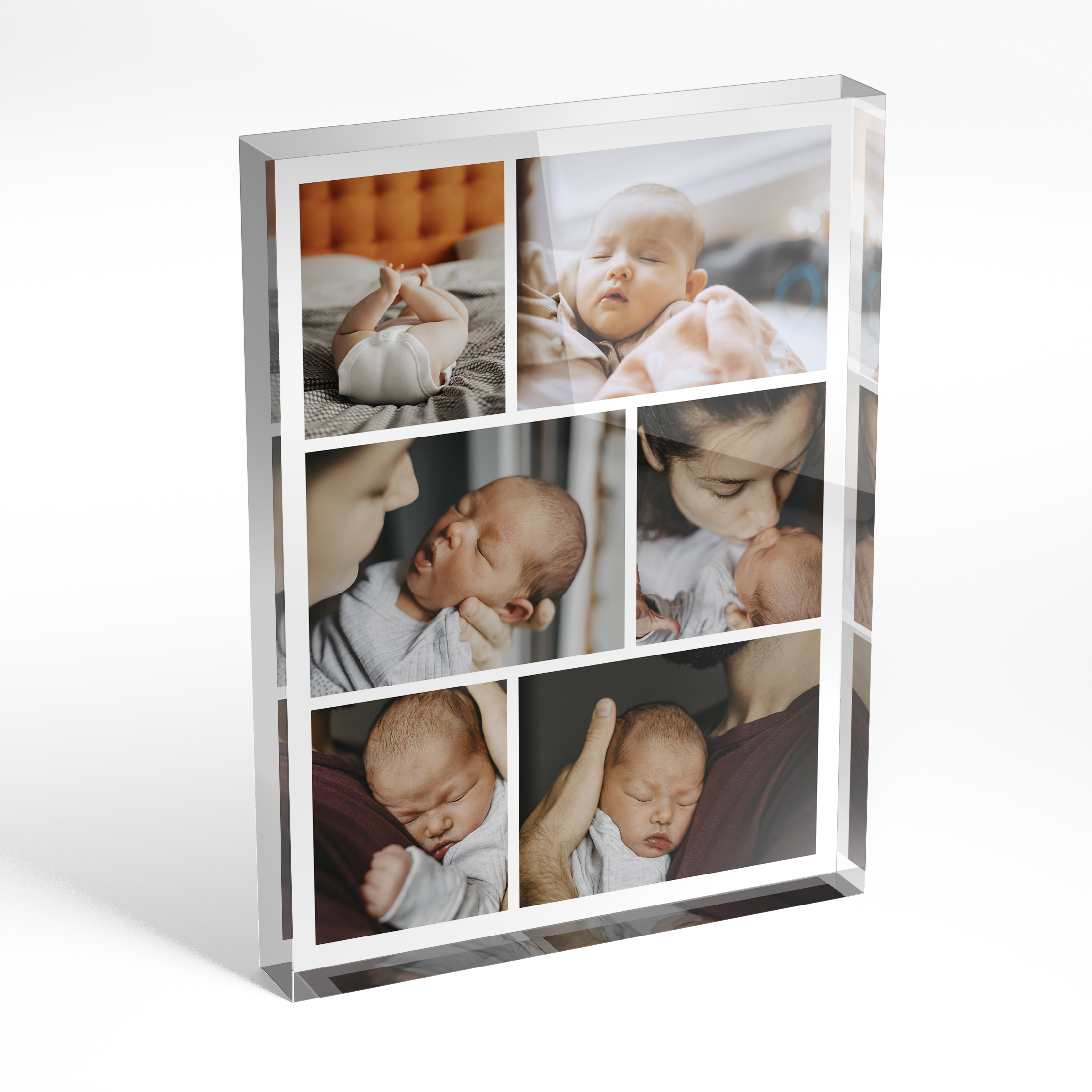 An angled side view of a portrait layout Acrylic Glass Photo Block with space for 6 photos. Thiis design is named "Memory Patchwork". 