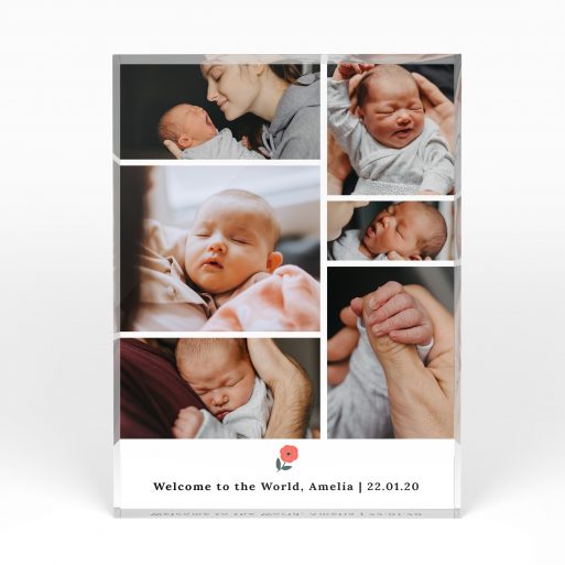 A front side view of a portrait layout Acrylic Photo Block with space for 6 photos. Thiis design is named "Childhood Quilt". 
