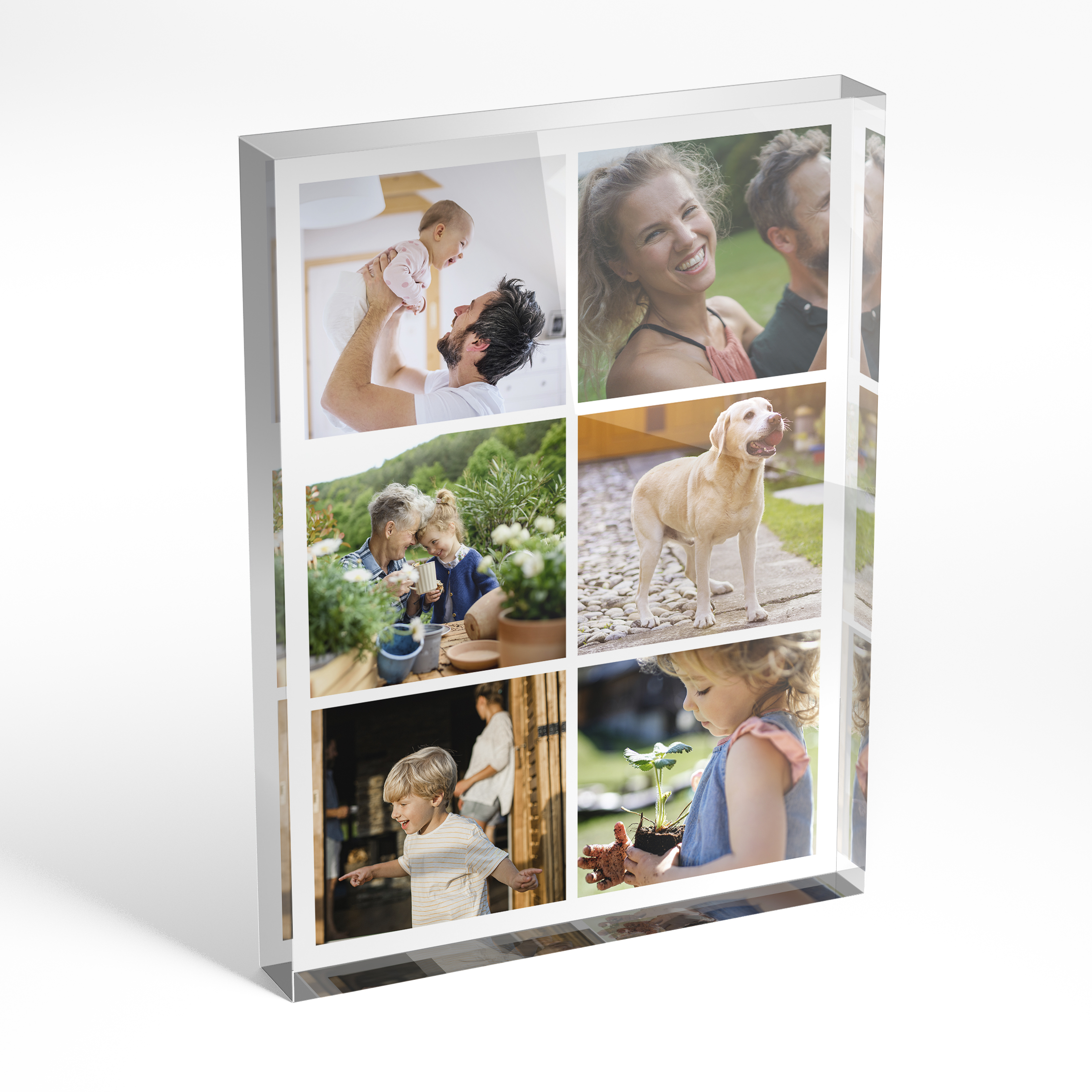An angled side view of a portrait layout Acrylic Photo Block with space for 6 photos. Thiis design is named "Friends Collage". 