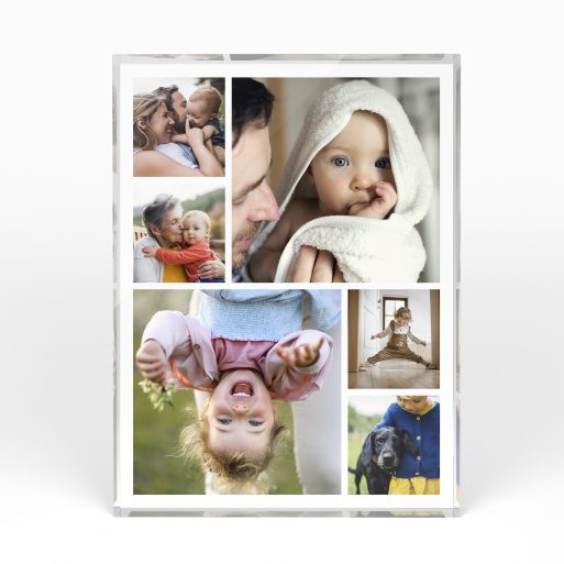 A front side view of a portrait layout Acrylic Photo Block with space for 6 photos. Thiis design is named "Kaleidoscope Memories". 