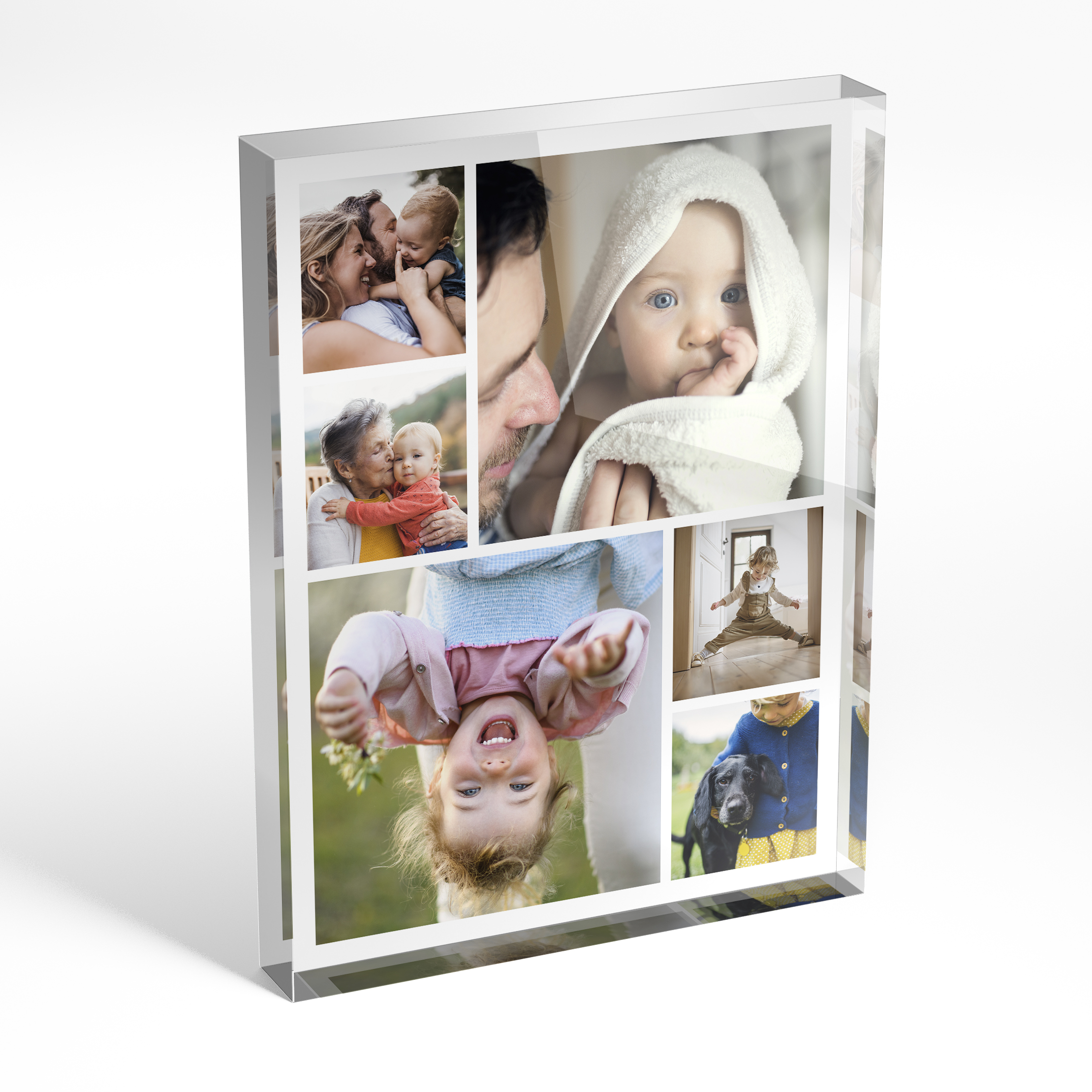 An angled side view of a portrait layout Acrylic Photo Block with space for 6 photos. Thiis design is named "Kaleidoscope Memories". 
