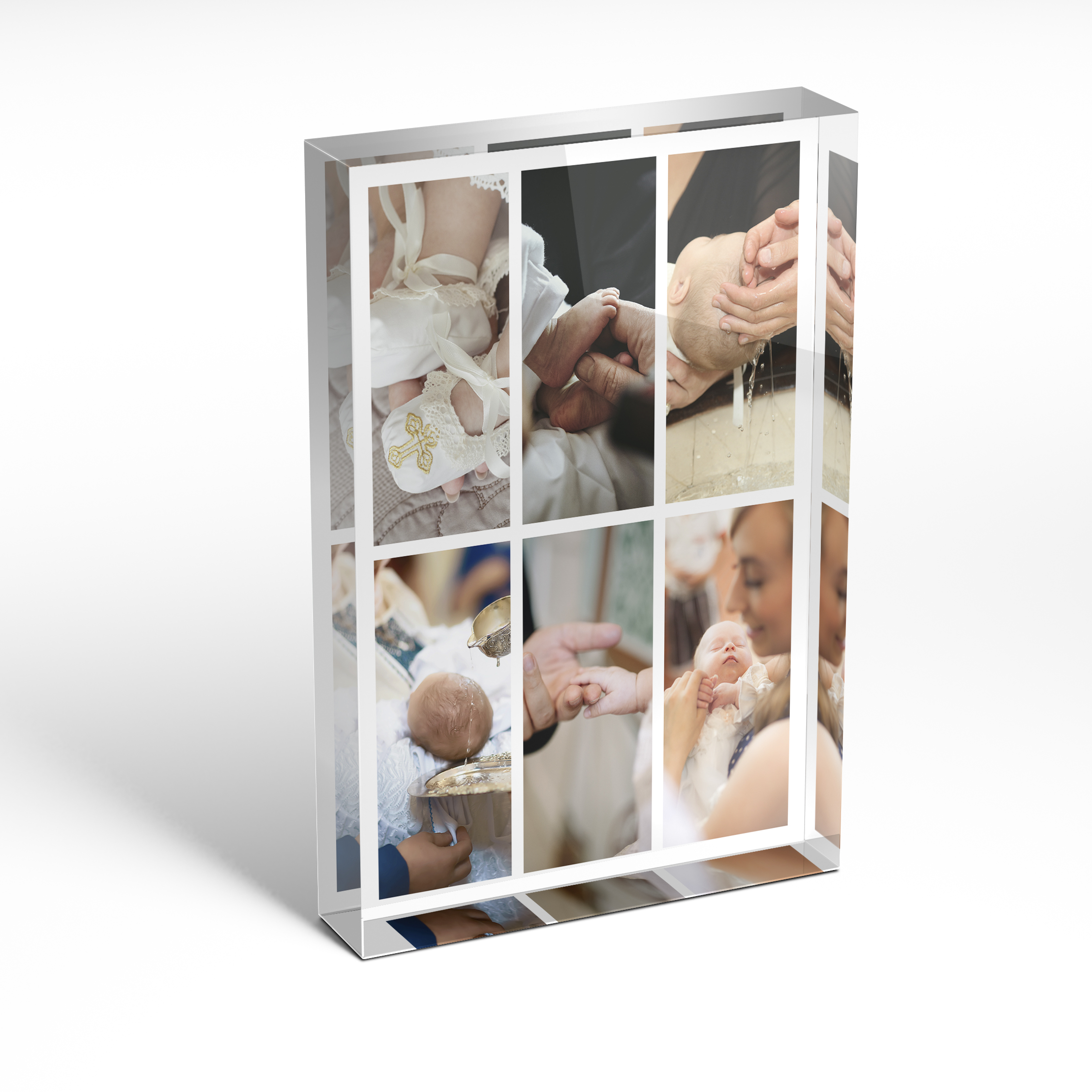 A front side view of a portrait layout Acrylic Photo Gift with space for 6 photos. Thiis design is named 'Photographic Symphony'. 
