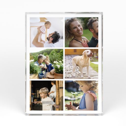 A front side view of a portrait layout Acrylic Photo Gift with space for 6 photos. Thiis design is named "Friends Collage". 