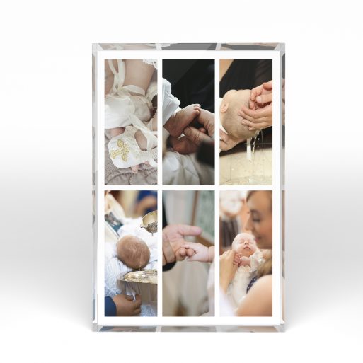 A front side view of a portrait layout Acrylic Photo Gift with space for 6 photos. Thiis design is named "Photographic Symphony". 