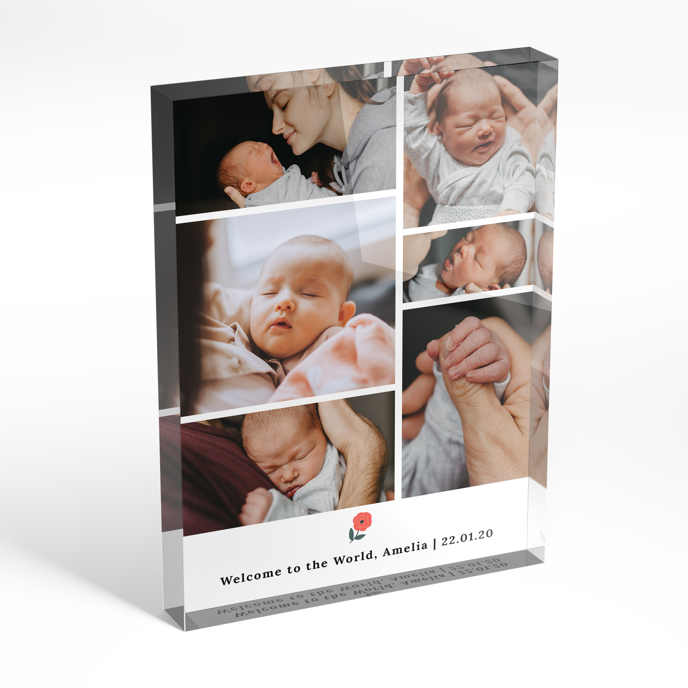 An angled side view of a portrait layout Online acrylic photo blocks with space for 6 photos. Thiis design is named "Childhood Quilt". 