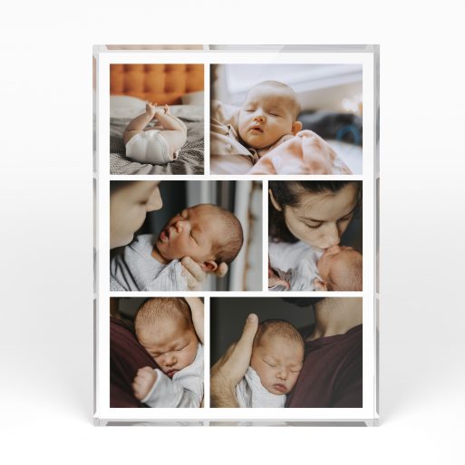 A front side view of a portrait layout Perspex Photo Blocks with space for 6 photos. Thiis design is named "Memory Patchwork". 
