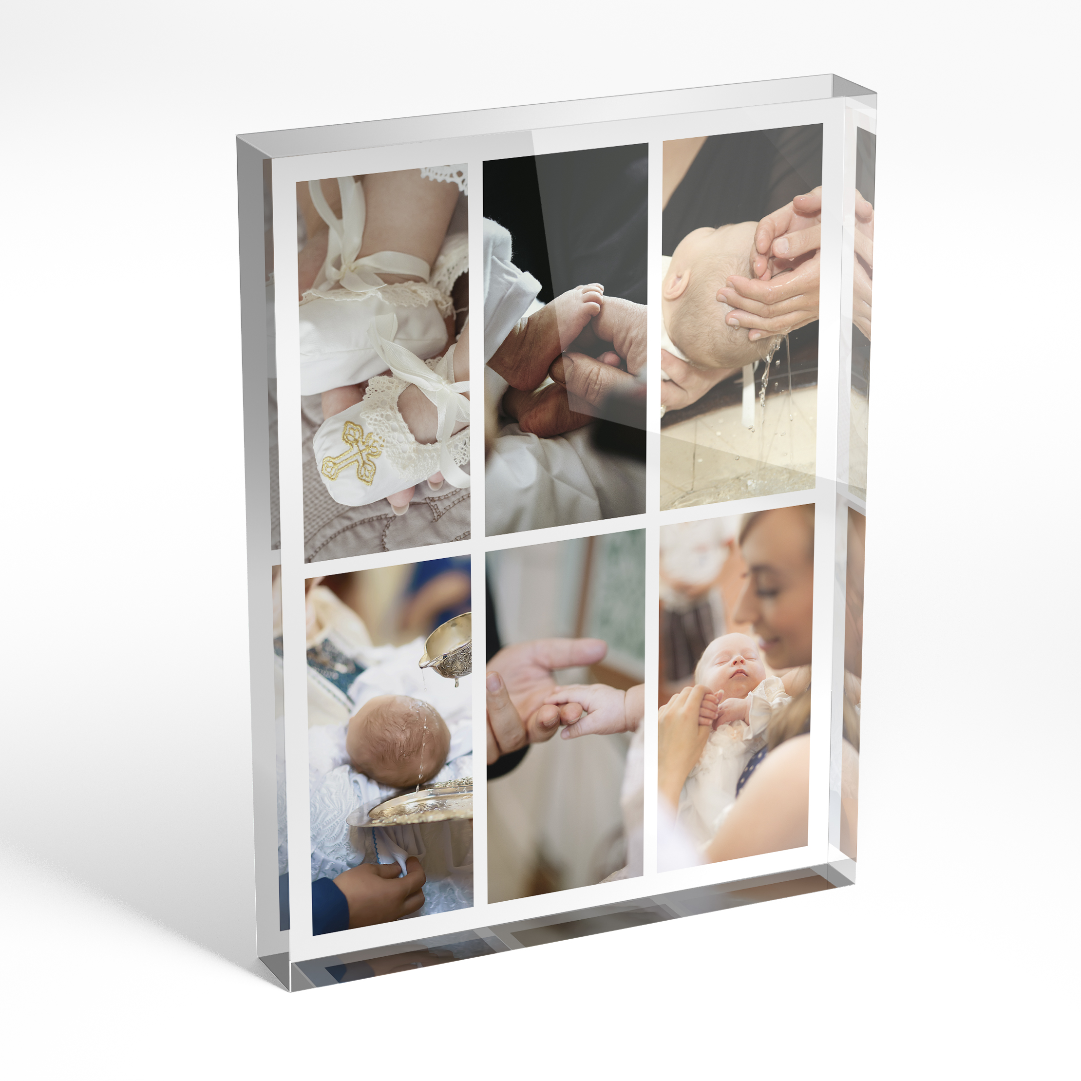 An angled side view of a portrait layout Perspex Photo Blocks with space for 6 photos. Thiis design is named "Photographic Symphony". 