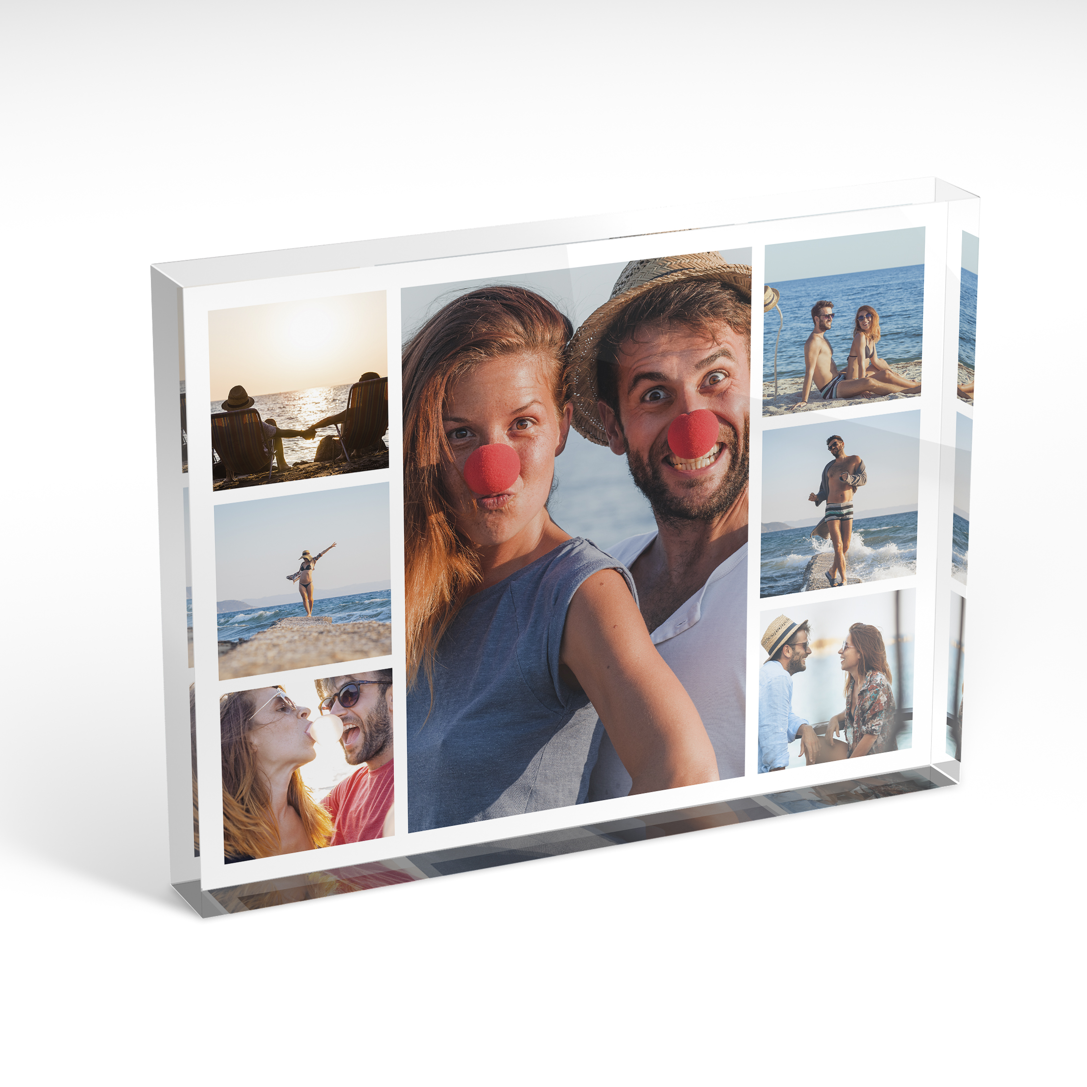A front side view of a landscape layout Perspex Photo Blocks with space for 7 photos. Thiis design is named 'Love Collage'. 