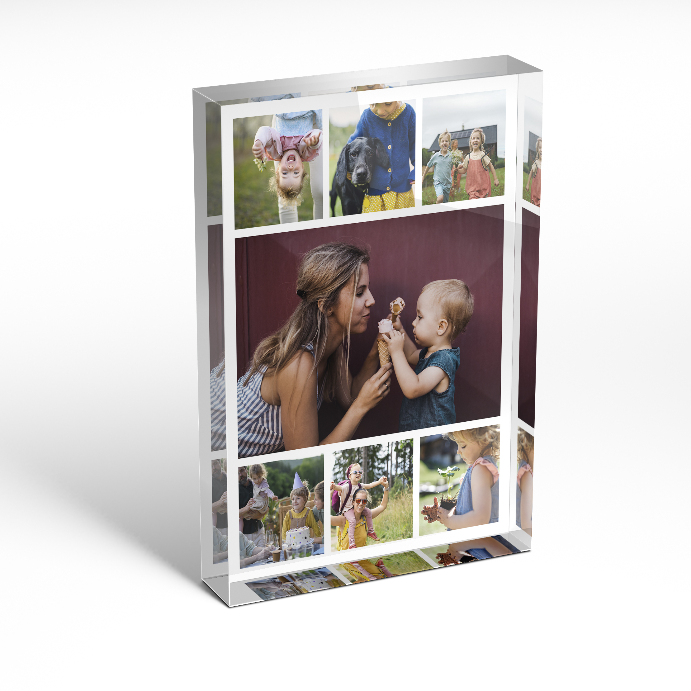 A front side view of a portrait layout Online acrylic photo blocks with space for 7 photos. Thiis design is named 'Tapestry of Time'. 