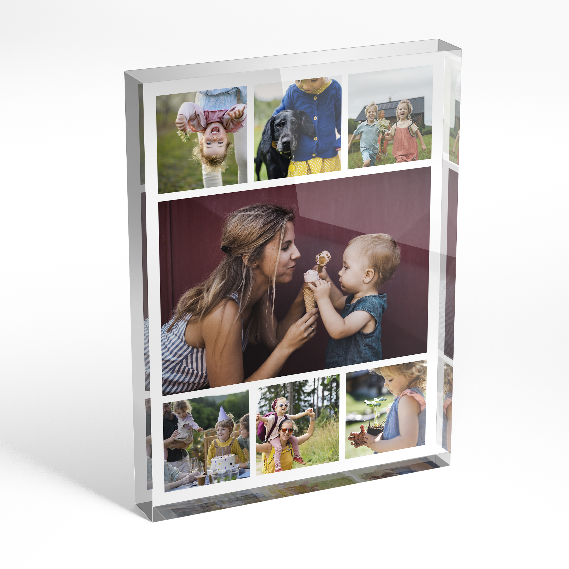 A front side view of a portrait layout Acrylic Glass Photo Block with space for 7 photos. Thiis design is named 'Tapestry of Time'. 