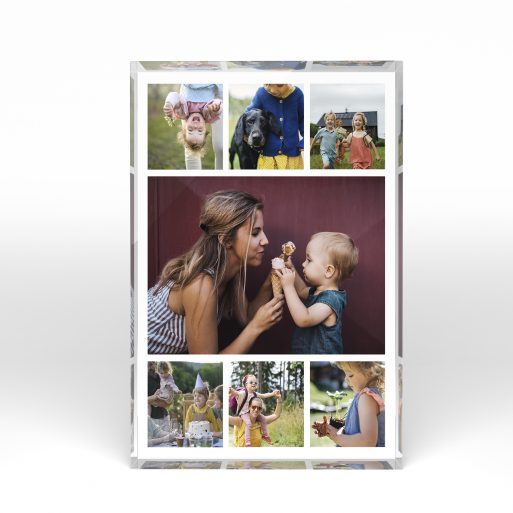 A front side view of a portrait layout Online acrylic photo blocks with space for 7 photos. Thiis design is named "Tapestry of Time". 