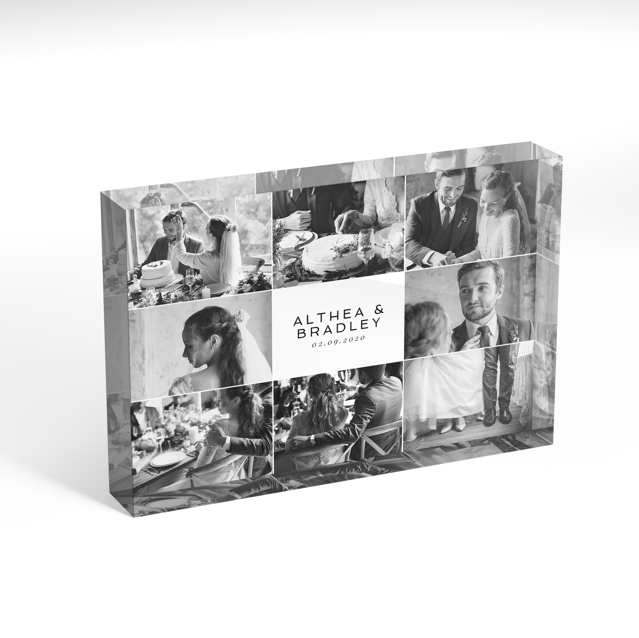 A front side view of a landscape layout Perspex Photo Blocks with space for 8 photos. Thiis design is named 'Nuptial Collage'. 