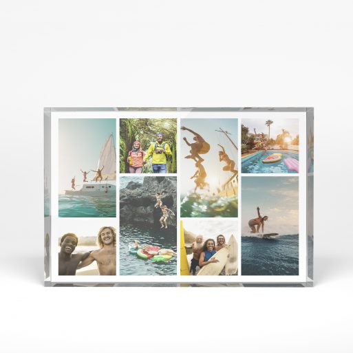 A front side view of a landscape layout Acrylic Glass Photo Block with space for 8 photos. Thiis design is named "Shutter Montage". 