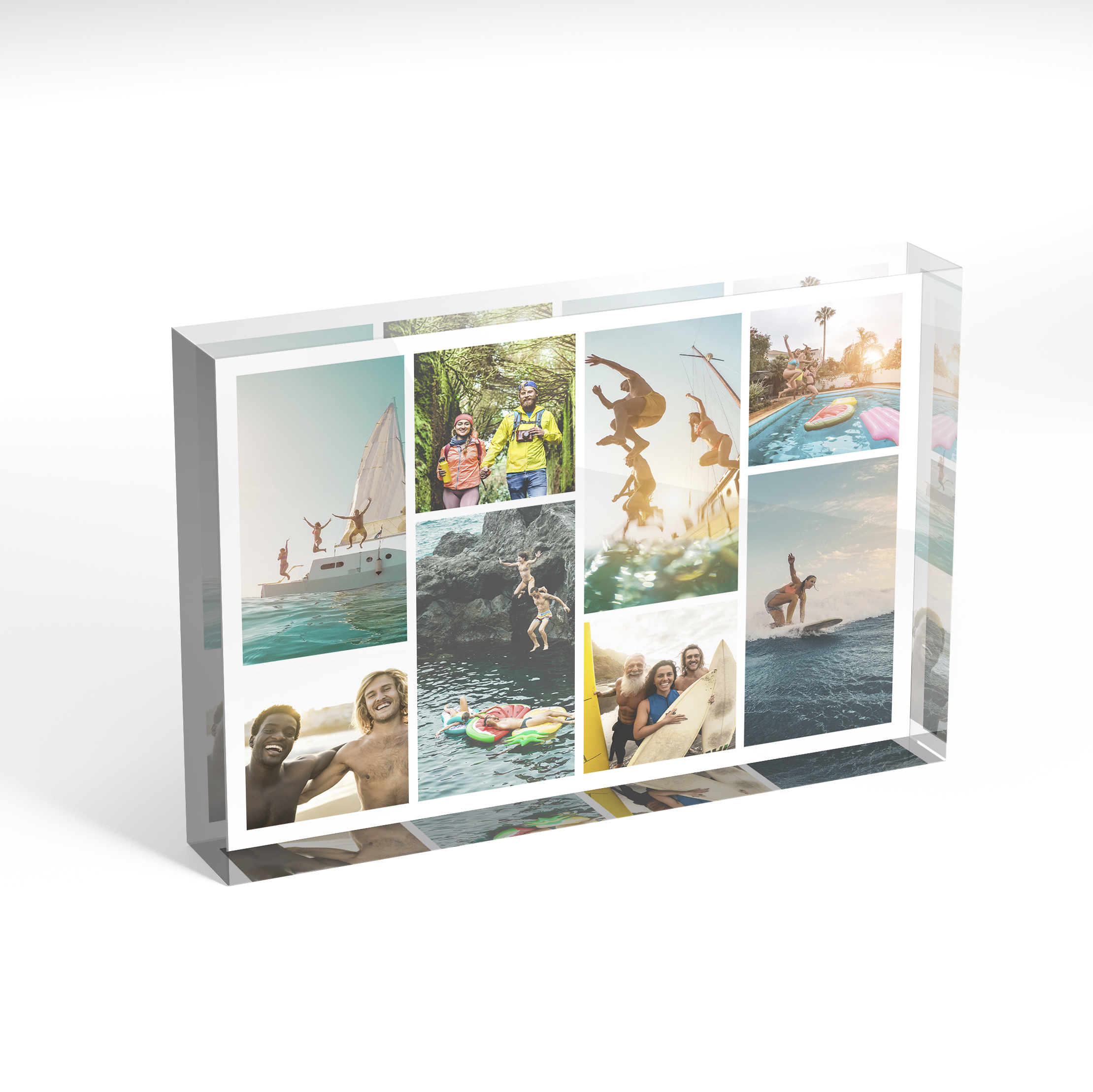 A front side view of a landscape layout Acrylic Glass Photo Block with space for 8 photos. Thiis design is named 'Shutter Montage'. 