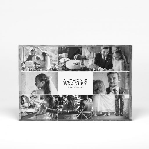 A front side view of a landscape layout Perspex Photo Blocks with space for 8 photos. Thiis design is named "Nuptial Collage". 