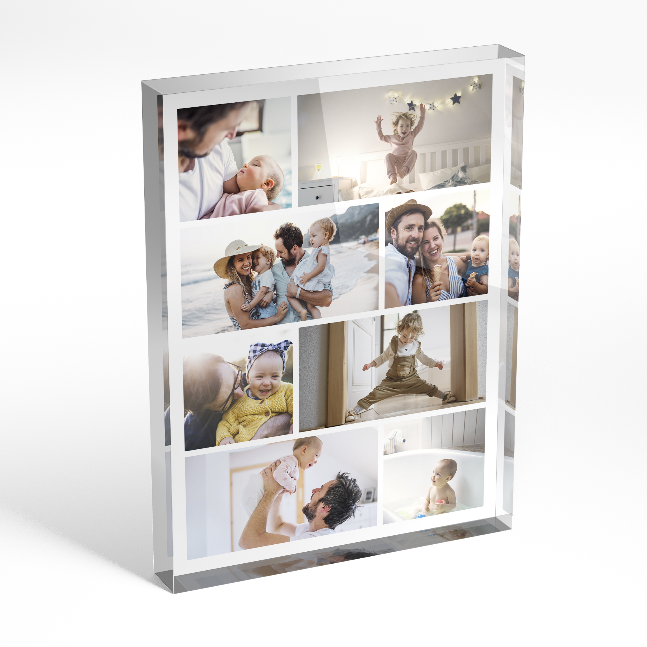 An angled side view of a portrait layout Acrylic Glass Photo Block with space for 8 photos. Thiis design is named "Playful Memories". 