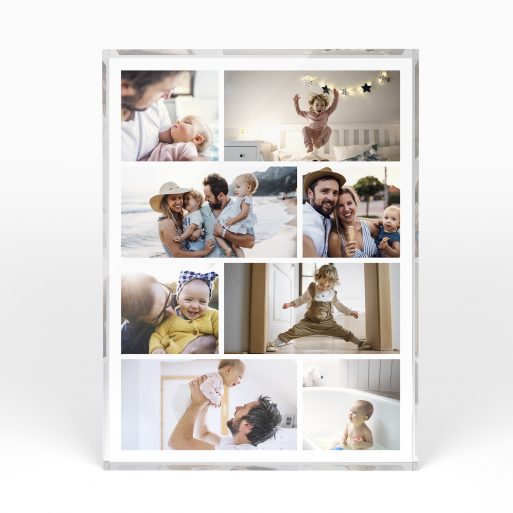 A front side view of a portrait layout Acrylic Photo Block with space for 8 photos. Thiis design is named "Playful Memories". 