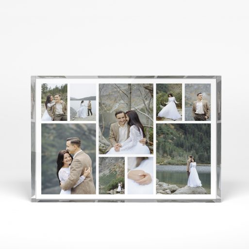 A front side view of a landscape layout Acrylic Photo Block with space for 9 photos. Thiis design is named "Spread Montage". 